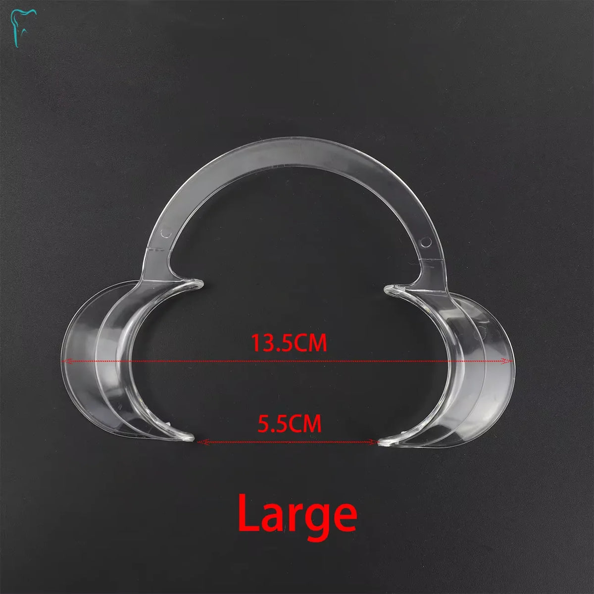 A clear dental cheek and lip retractor set shown against a dark background with dimension markings.