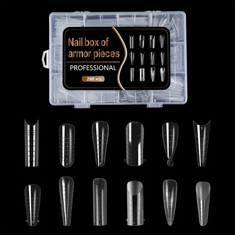 A clear plastic box containing 288 pieces of reusable nail extension forms in various shapes.