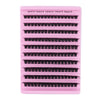 A pink plastic tray holding multiple rows of eyelash extensions with varying curl sizes.