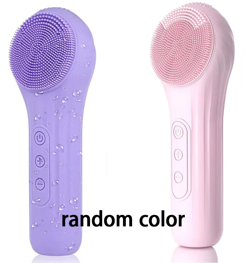 A purple electric facial cleansing brush and a pink version are shown side by side.
