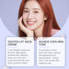 A close-up of a woman with red hair smiling, demonstrating the Tighten Lift Neck Cream.