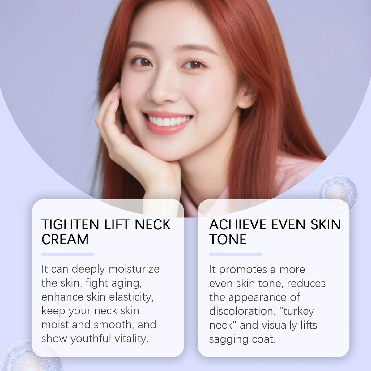 A close-up of a woman with red hair smiling, demonstrating the Tighten Lift Neck Cream.