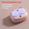A pink rechargeable contact lens cleaning case with two illuminated compartments.