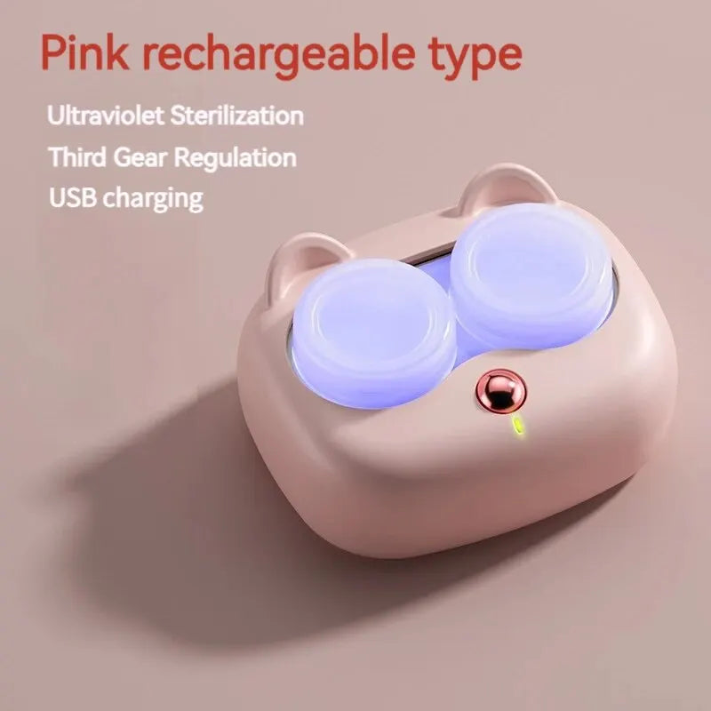 A pink rechargeable contact lens cleaning case with two illuminated compartments.