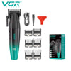 A set of VGR professional cordless hair trimmers in black and green, including various guards and accessories.