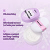 A set of lilac and white makeup products including a baking powder and a setting powder for achieving a natural matte finish.