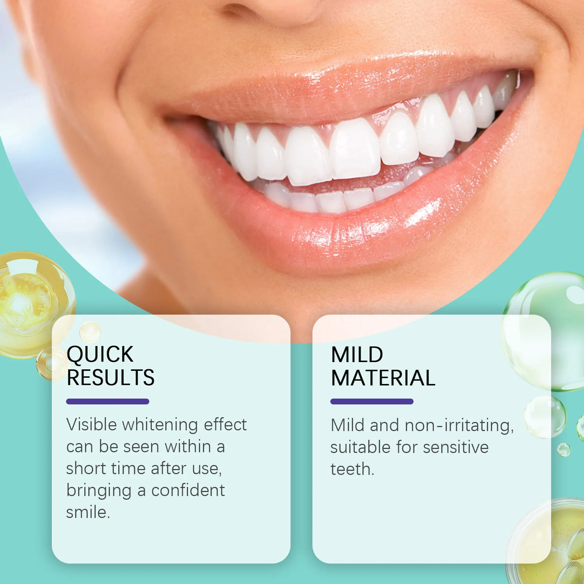 Close-up of a person smiling, showing bright white teeth after using natural tooth whitening strips.