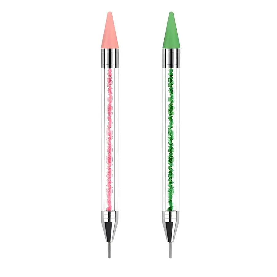Kit de pistolet rhinestone à double extrémité avec un outil à pointe de diamant rose et vert.