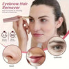 A woman is using a pink electric eyebrow hair remover on her face, with close-ups showing its use on the nose, lip, and eyebr