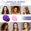 Eine Sammlung von lila und rosa Satin-Haarnetzen, gezeigt auf Models mit verschiedenen Frisuren.