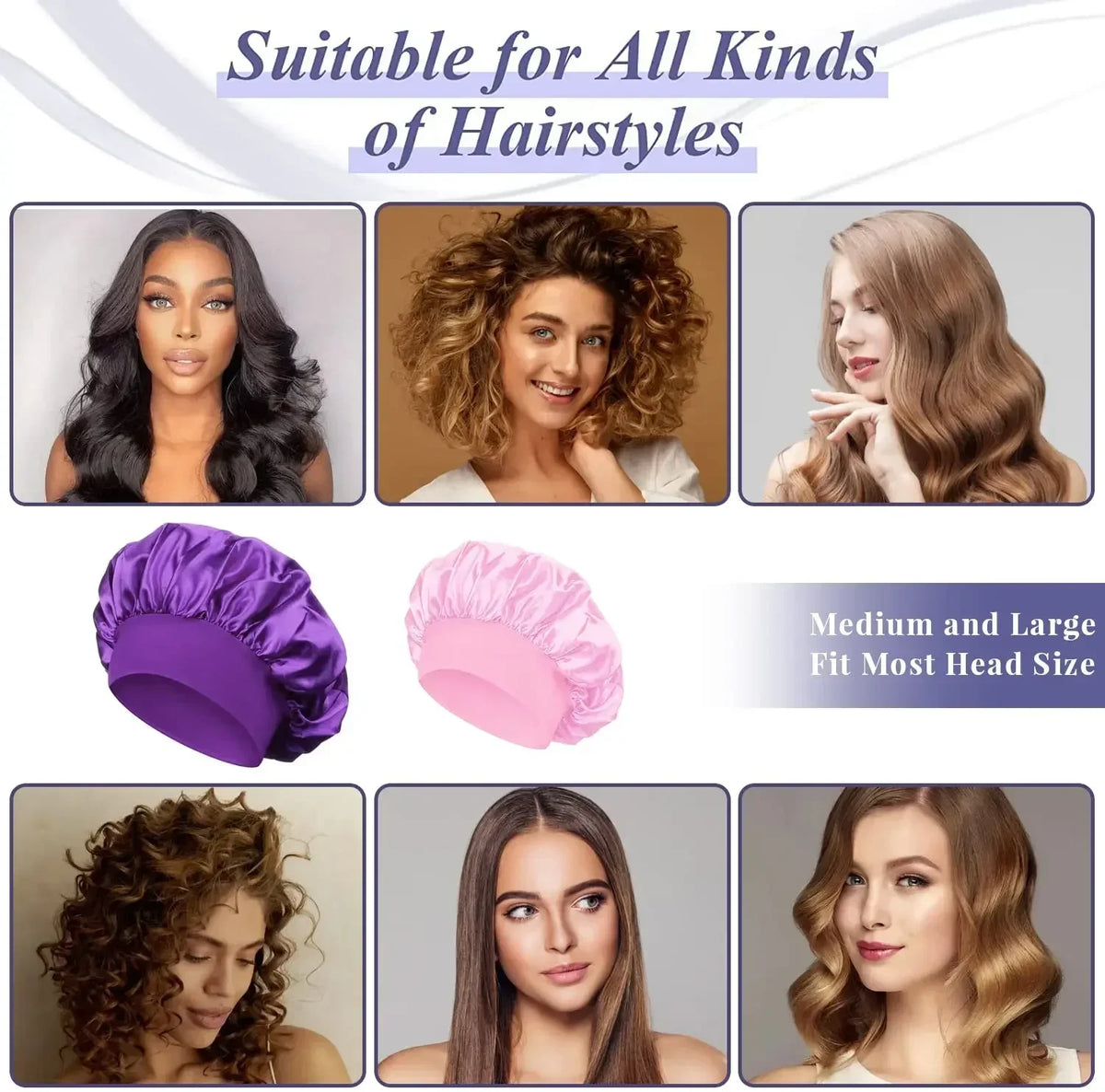 Eine Sammlung von lila und rosa Satin-Haarnetzen, gezeigt auf Models mit verschiedenen Frisuren.