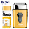 A gold Kemei KM-T123 electric beard shaver with various accessories shown.