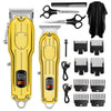 A set of professional cordless hair clippers and combs in gold and black.