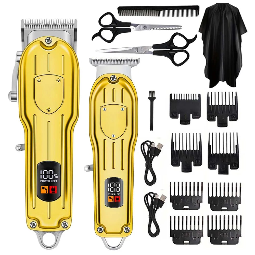 A set of professional cordless hair clippers and combs in gold and black.