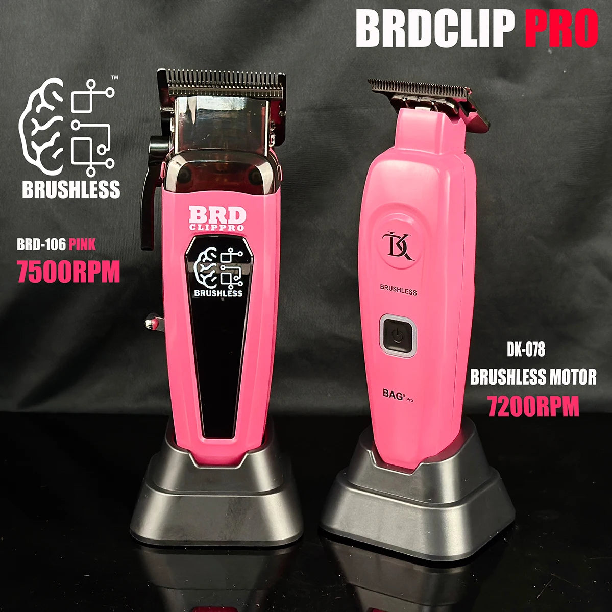Pink BRD Clipro brushless motor hair trimmer DK-078 with a black guard and silver base.