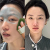 A woman applies a green exfoliating cleansing sponge to her face for blackhead removal.