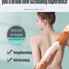 A woman is using a brown and white nylon long scrubbing towel for exfoliation.