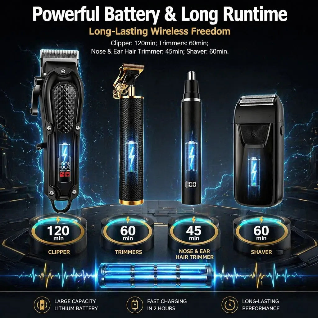 A set of four cordless hair grooming tools including a clipper, trimmers, nose and ear hair trimmer, and shaver displayed aga