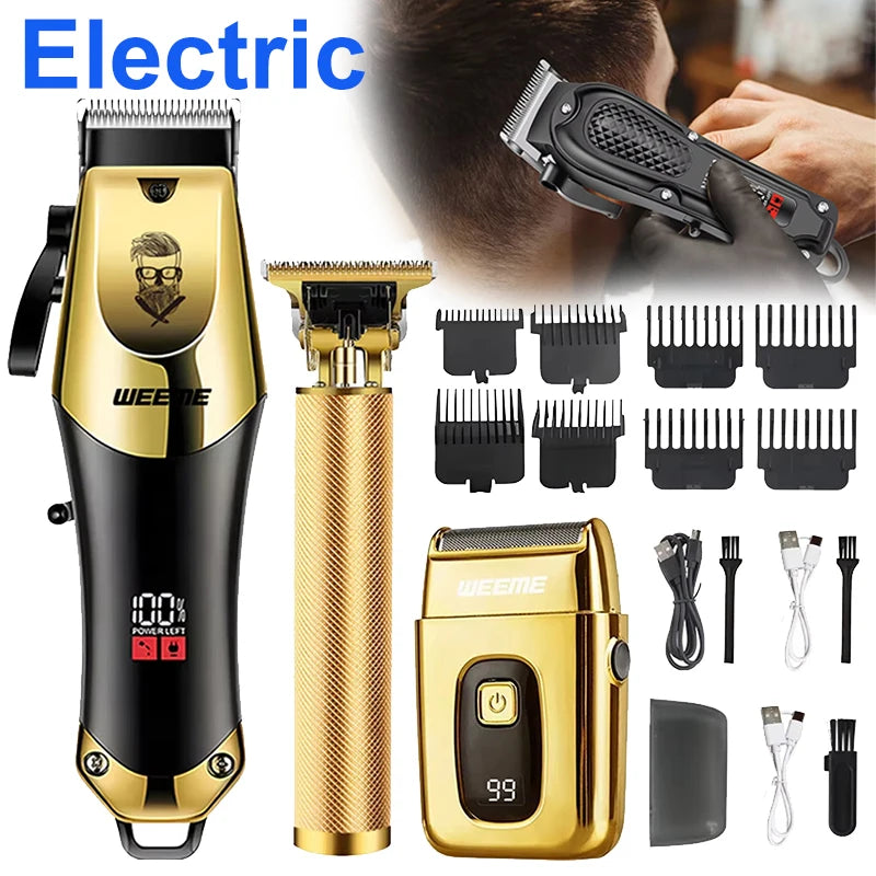 A set of Weeme electric hair trimmers and accessories including a main unit, attachments, and charging cable.