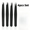 A set of four black precision stainless steel tweezers for eyebrow grooming.