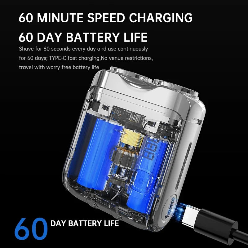 Nahaufnahme eines silbernen Elektroschlickers mit sichtbarer blauer Klinge, die die 60-Tage-Akkulaufzeit hervorhebt.
