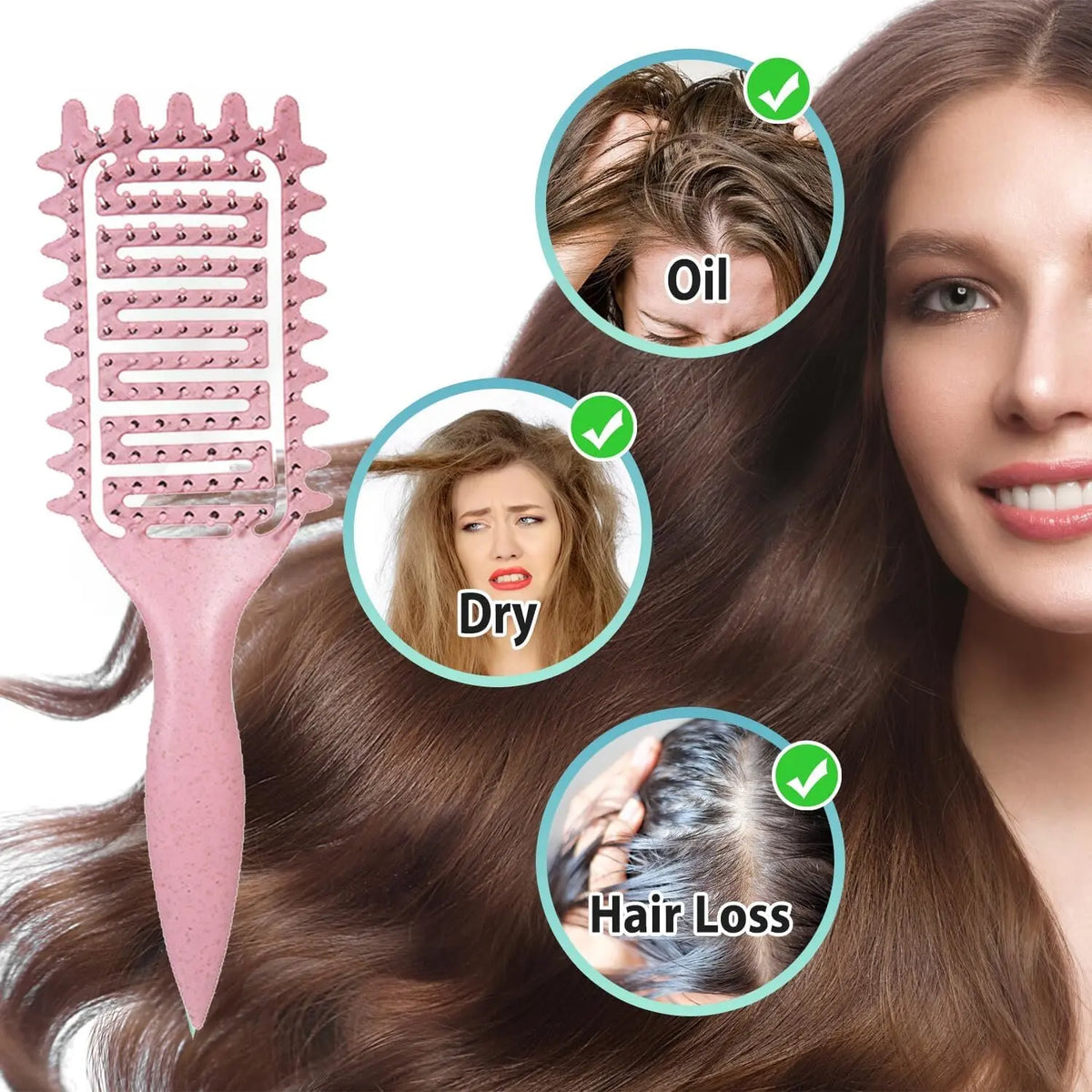 Set de cepillos de silicona rosa para peinado junto a el cabello de una mujer, destacando aceite, cabello seco y pérdida de c