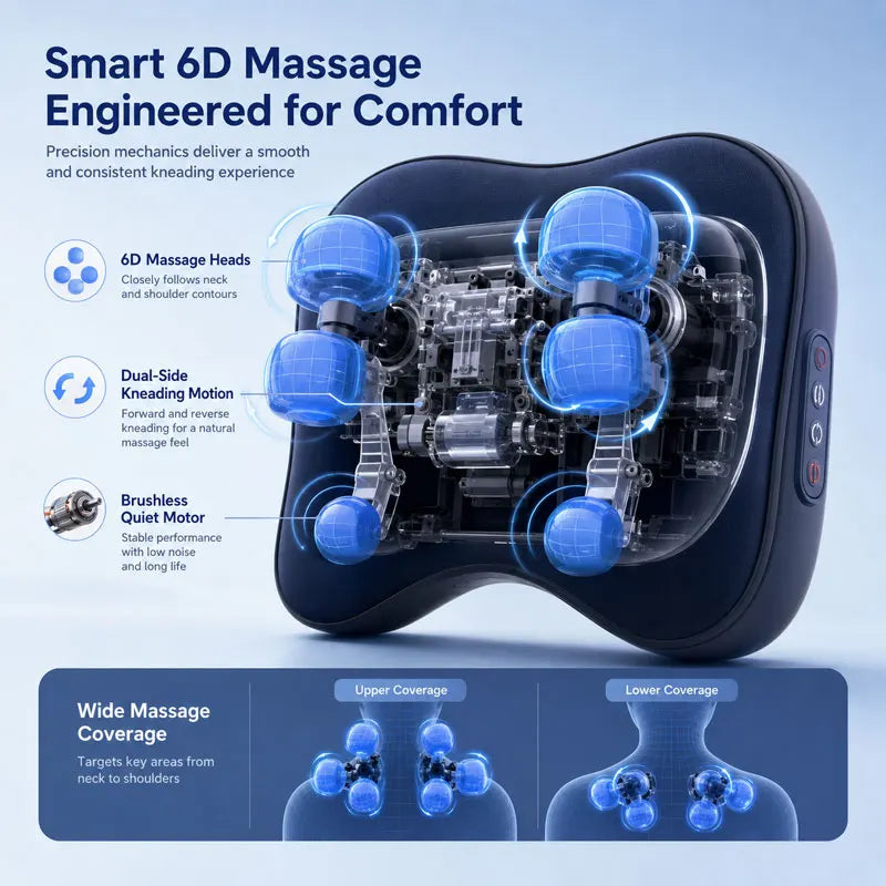 A dark blue electric massage pillow designed for 6D massage, showing its internal mechanism and coverage areas.