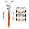 An orange and black six-blade manual razor with a lubricating strip shown alongside its dimensions.