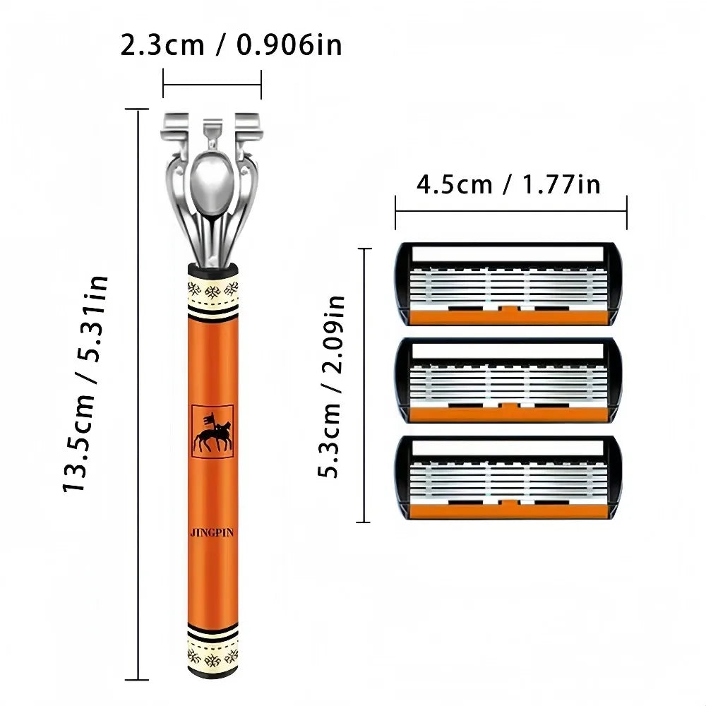 An orange and black six-blade manual razor with a lubricating strip shown alongside its dimensions.