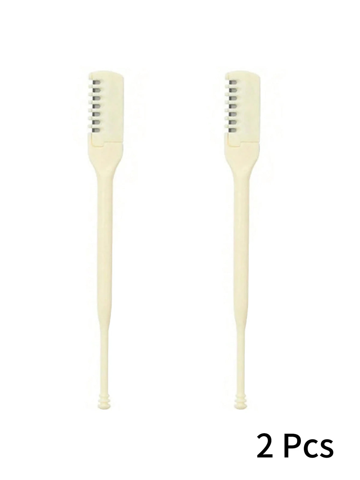 A pair of light beige double-headed manual nose hair trimmers.
