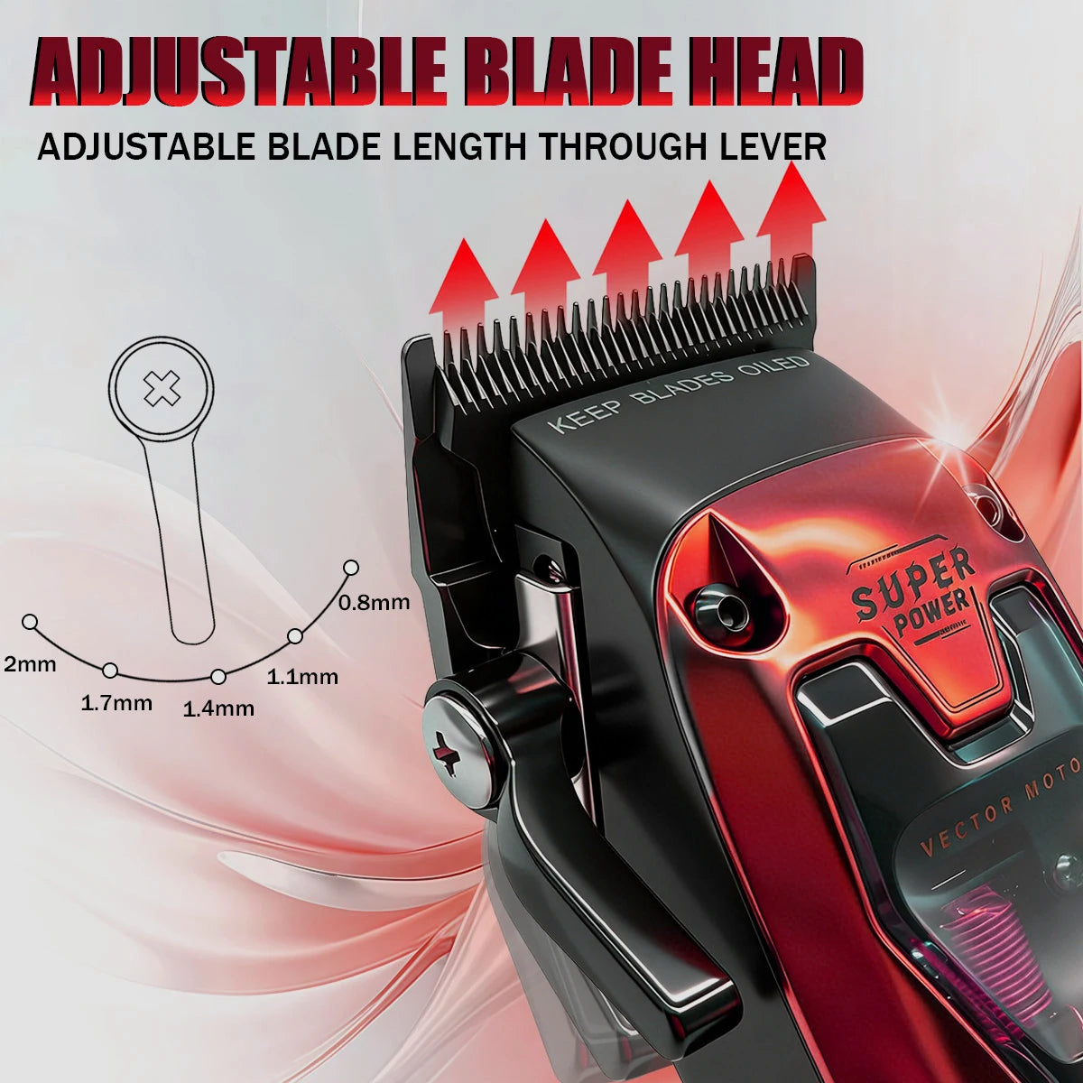 Adjustable blade head of a professional rechargeable hair clipper trimmer showing various blade lengths.