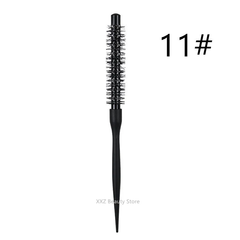 A black professional curly round hair comb with elastic teeth.