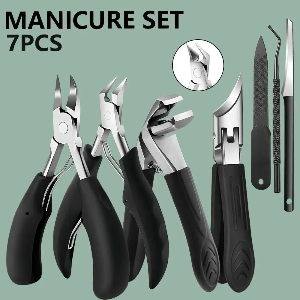 A set of seven professional stainless steel nail clippers and manicure tools displayed on a green background.