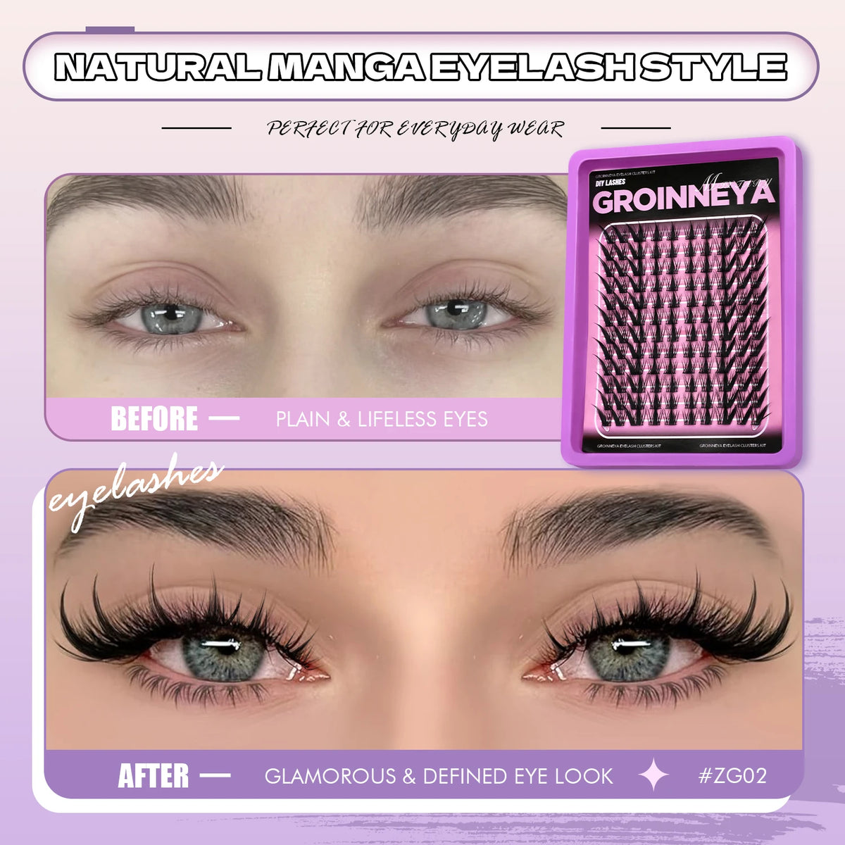 Comparaison avant/après : application de cils de manga naturels pour un regard glamour