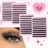 A collection of C-curl eyelash extensions in various lengths and clusters displayed alongside a close-up of an eye applying t