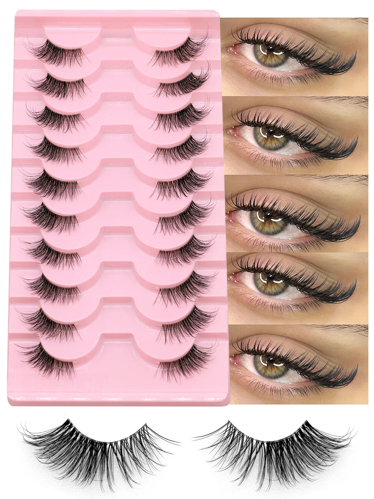 A pink plastic tray holding multiple pairs of clear band cat eye false eyelashes and loose lashes.