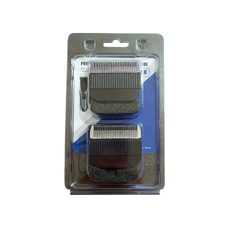 A clear plastic package containing two replacement hair clipper blades.
