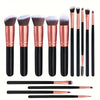 A set of professional makeup brushes in various sizes and shades, including pink, black, and bronze.
