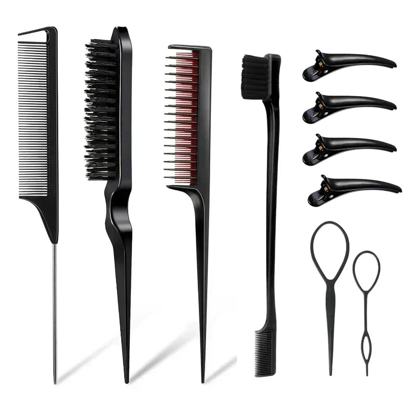 A set of black hair styling combs and brushes including various sizes for voluminous looks