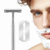A vintage double edge safety razor kit shown next to a man's face with shaving cream.