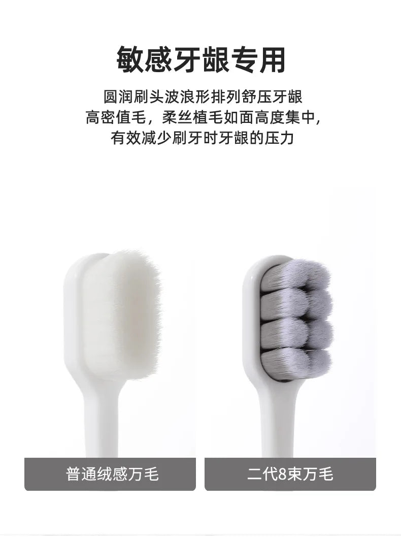 A comparison of a soft bristled toothbrush and a dual 8-micron toothbrush.