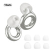 Ten sets of silver silicone ear plugs for noise reduction, shown in various sizes.
