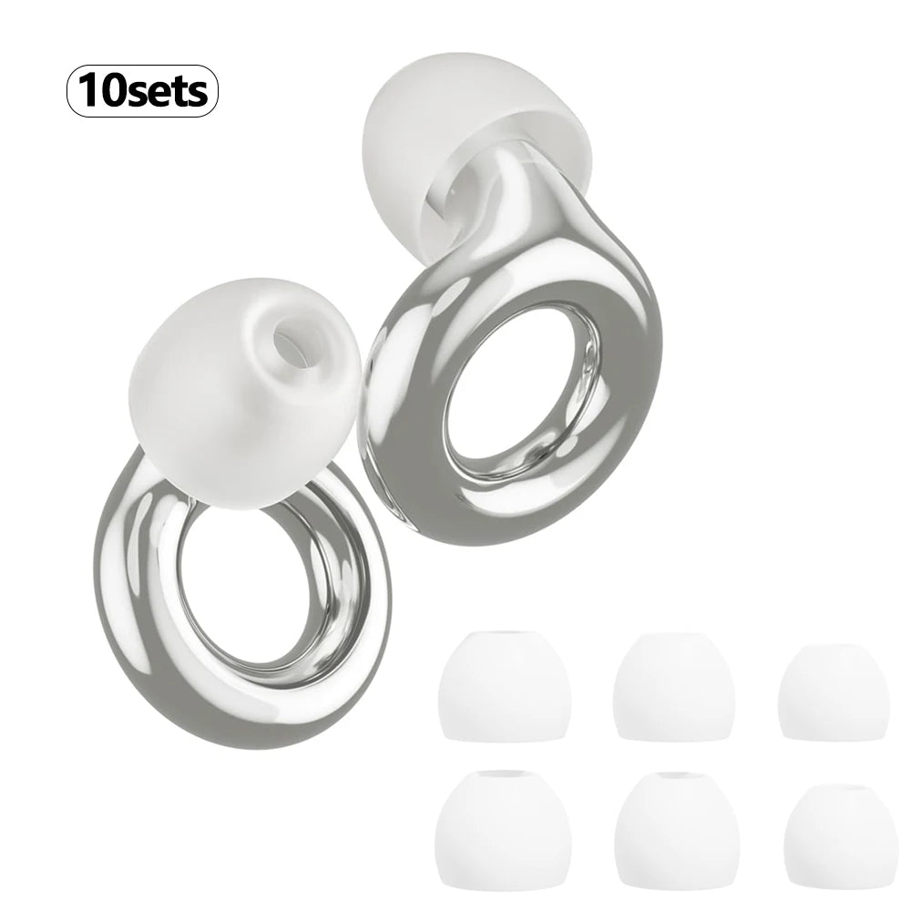 Ten sets of silver silicone ear plugs for noise reduction, shown in various sizes.