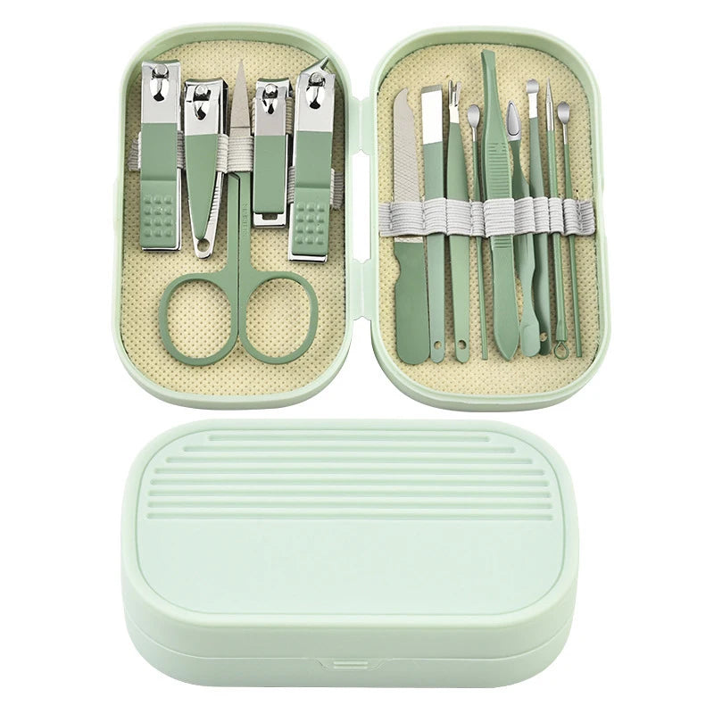 A light green stainless steel nail clipper set with various tools stored in an open case and a matching storage box.