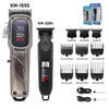 A Kemel KM-1550 and KM-2284 cordless hair clipper with various attachments and charging cables.