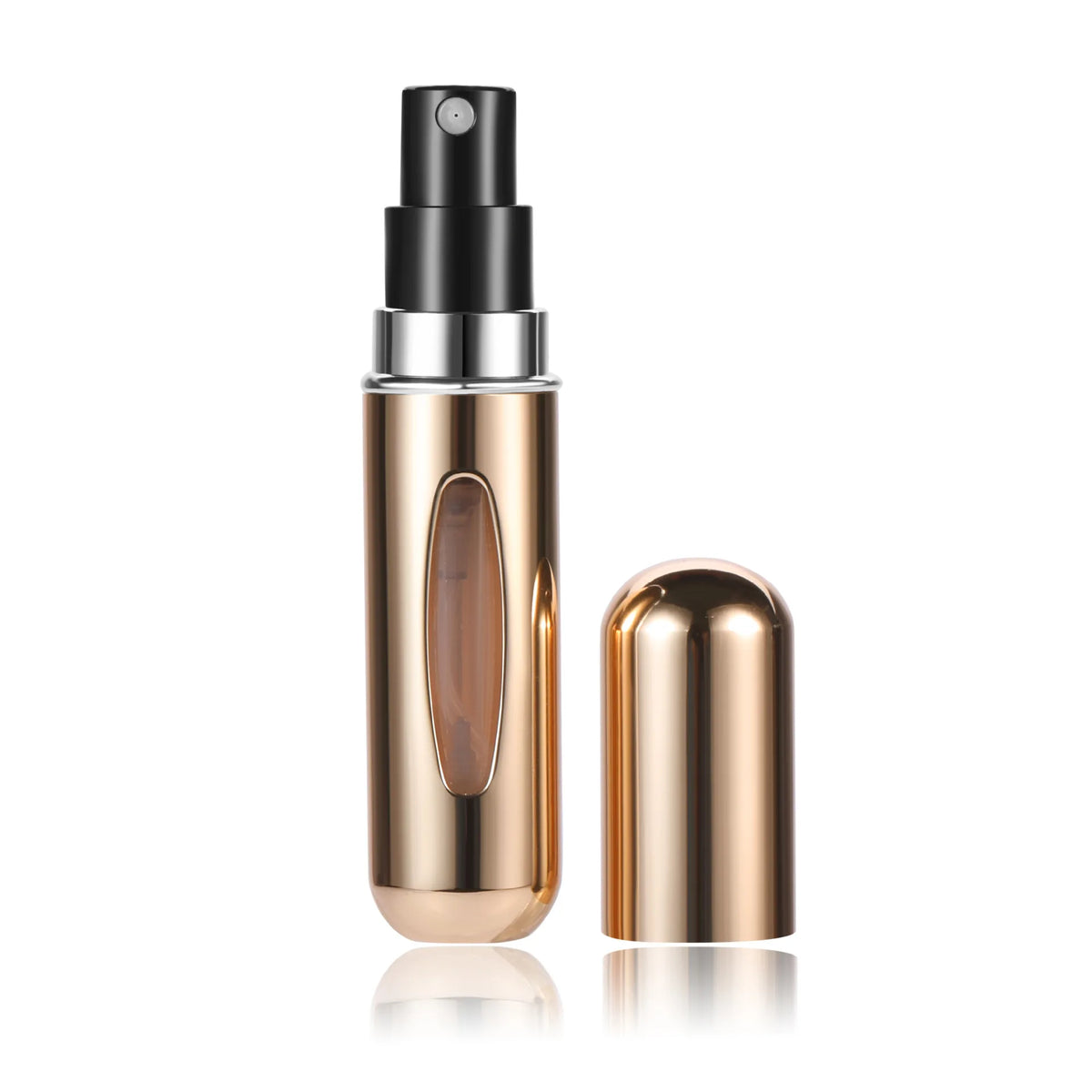 A gold-toned perfume bottle with a black spray top and a separate refill component.