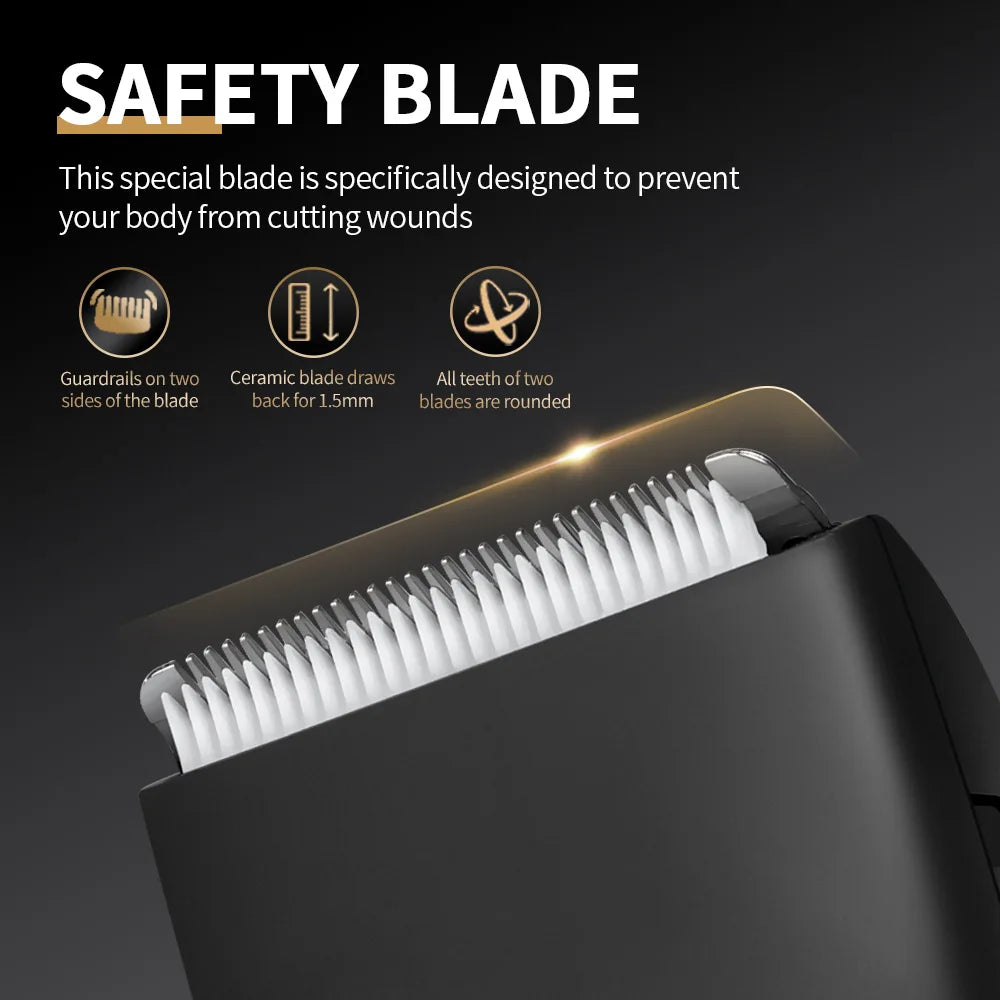 A close-up view of a safety blade on a grooming trimmer, highlighting guards and rounded teeth.
