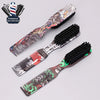 A set of professional beard styling and hair grooming brushes with various patterns and colors.