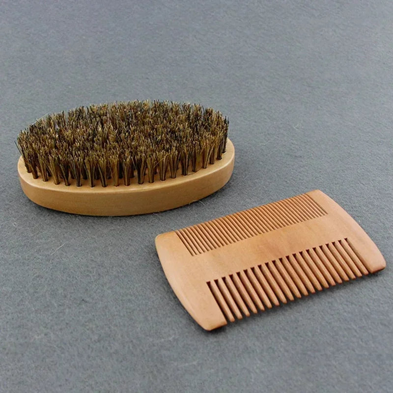 A set of wooden beard and mustache combs, including a wide boar bristle comb and a narrow comb.