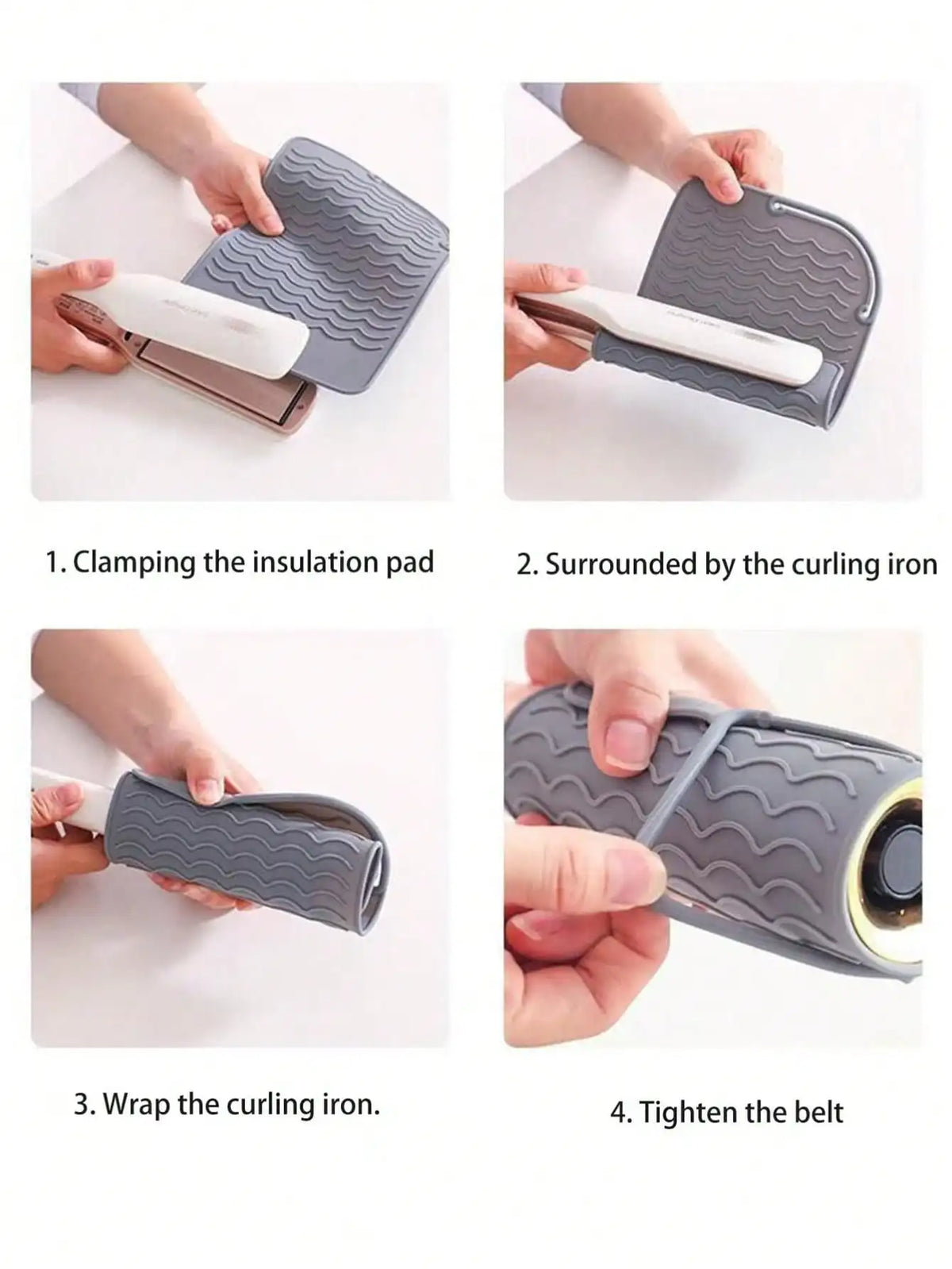 Step-by-step instructions showing how to clamp, surround, wrap, and tighten a silicone heat resistant mat for hair styling to